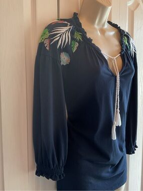 Charter Club Navy Embroidered Peasant Tunic with Tassel Tie